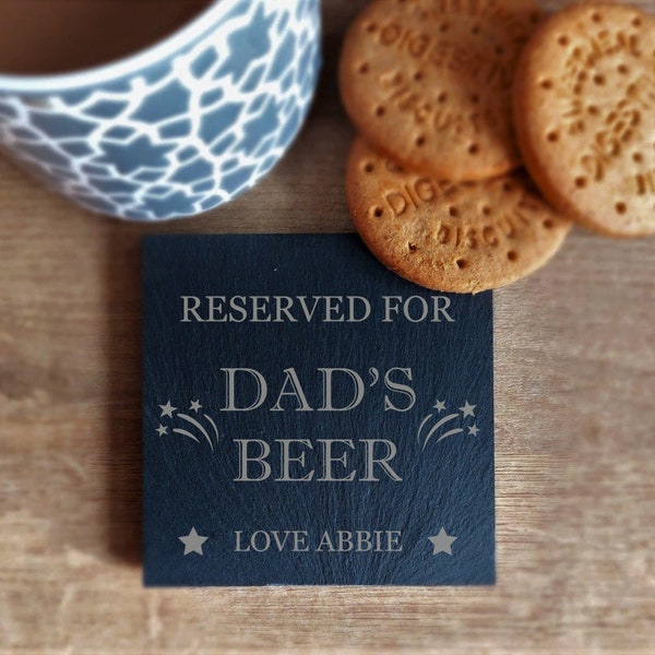 Personalised Reserved for Beer Slate Coaster Fathers Day Dads Daddy Grandad Gifts Beer Mat Christmas Gifts for Him Laser Engraved