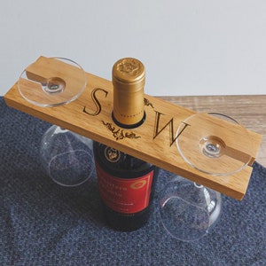 Personalised 'Initials' Floral Wine Glass & Bottle Butler Wooden Bottle and Glass Holder Ideal Gift for Couples Anniversary Wedding