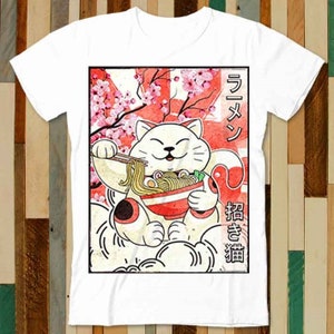 Japanese Noodles Maneki Neko Cat Ramen T Shirt Adult Unisex Men Women Retro Design Tee Vintage Top A4900