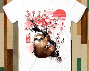 Sloth Red Sun Sakura Japanese Tree T Shirt Adult Unisex Men Women Retro Design Tee Vintage Top A4864
