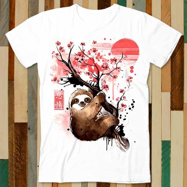 Sloth Red Sun Sakura Japanese Tree T Shirt Adult Unisex Men Women
