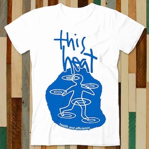 May include: White t-shirt with blue text that says "this heat" and a blue graphic of a person walking on water with the text "health and efficiency" below.