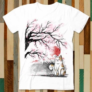 桜の木 富士山の日本猫 Tシャツ 大人 ユニセックス メンズ レディース レトロデザイン Tシャツ ヴィンテージ トップ A4862