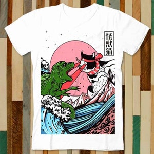 Maglietta Horror Dinosaur Cat The Great Wave Off Kanagawa Catzilla Ocean T-shirt per adulti unisex uomo donna design retrò maglietta vintage top A4873