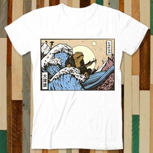Japońska gwiazda żaba grająca na gitarze banjo Wielka fala w Kanagawie T-shirt dla dorosłych Unisex mężczyźni kobiety Retro Design koszulka Vintage Top A4859