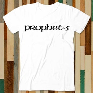 May include: White t-shirt with the text "prophet-5" printed in black.