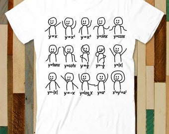 May include: A white t-shirt with a graphic of stick figures representing different mathematical equations. The equations include y=x, y=x², y=x³, y=sinx, y=cosx, y=tanx, y=cotx, y=1/x, y=-1/x, y=|x|, y=-|x|, y=-x, y=log₂x, y=a^x, x²+y²=a².