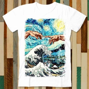 Hands Of God Starry Nights Van Gogh The Great Wave Off Kanagawa T Shirt Adult Unisex Men Women Retro Design Tee Vintage Top A4879