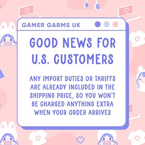 May include: A pink and white graphic with blue text announcing "GOOD NEWS FOR U.S. CUSTOMERS". The text explains that import duties are included in the shipping price. The image features cartoon graphics of a laptop, headphones, and a character.