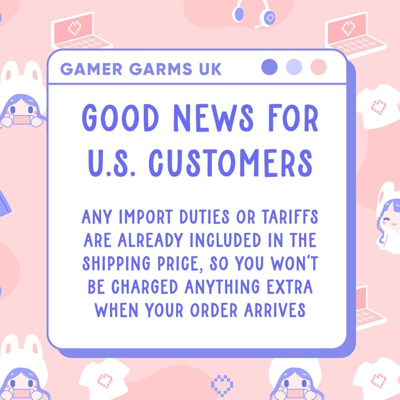May include: A pink and white graphic with blue text announcing "GOOD NEWS FOR U.S. CUSTOMERS". The text explains that import duties are included in the shipping price. The image features cartoon graphics of a laptop, headphones, and a character.