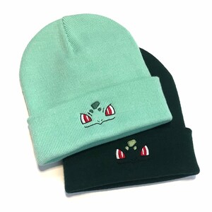 May include: Two knitted beanies, one in light teal and the other in dark green. Each beanie has an embroidered cartoon character face on the folded brim. The design includes red, white, and green details.