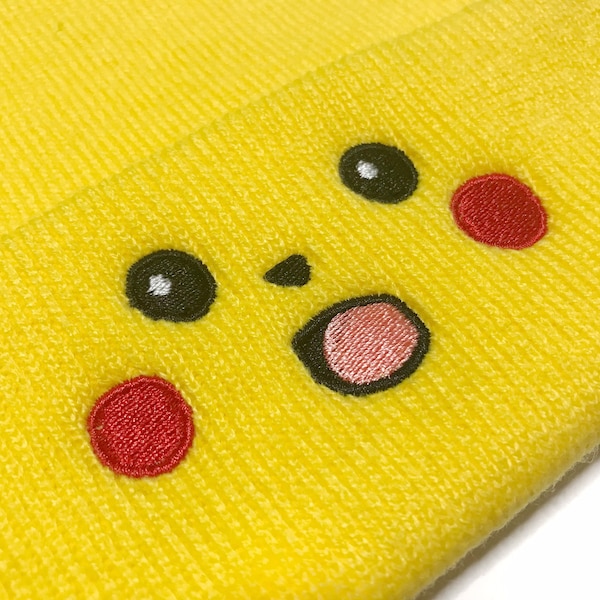 Embroidered Shocked Pikachu Face Inspired Beanie | Hat | Kawaii | Adult Gift