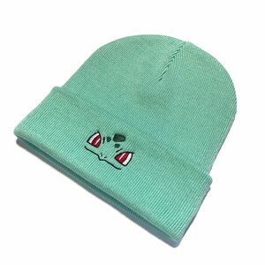 May include: A pale green beanie hat with a turned-up hem. The hat has an embroidered cartoon face in black, red, and green. The beanie is made of a ribbed knit fabric.