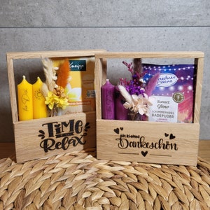 Geschenkset / Holztasche / Wellness / Für dich / Kleines Dankeschön / von Herzen / Herzlichen Glückwunsch / Kerze / Trockenblumen / Badesalz
