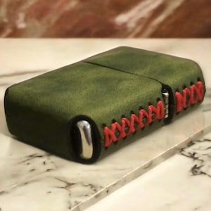 Olive green waxed leather zippo lighter case, Ideal gift for dad & men, Stylish and protective, Great leather gift idea