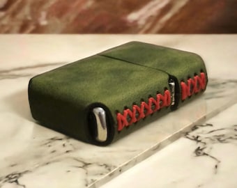 Handcrafted Olive Green Leather Zippo Lighter Case, Stylish Protective Cover