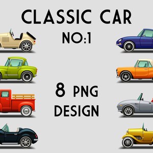 Puede incluir: Ocho ilustraciones de coches cl&aacute;sicos en varios colores, incluyendo un descapotable amarillo, un coup&eacute; azul, un coup&eacute; verde, una camioneta roja, un descapotable gris, un coup&eacute; naranja, un descapotable negro y un roadster crema. El texto "CLASSIC CAR NO:1 8 PNG DESIGN" se muestra encima de los coches.