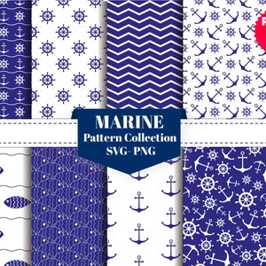 Marine Pattern Collections Part 2, Png and Svg Bundle, ship wheel, anchor, rope, fish, wall decor