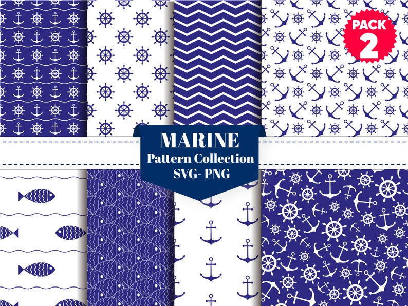 Puede incluir: Colecci&oacute;n de patrones de tem&aacute;tica marina en azul marino y blanco. Los dise&ntilde;os incluyen anclas, timones, zigzags y peces. Se muestra el texto "MARINE Pattern Collection SVG-PNG".