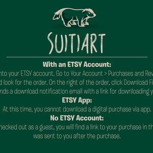 Puede incluir: Gr&aacute;fico verde oscuro con el texto "SUITIART" e instrucciones sobre c&oacute;mo descargar compras digitales de Etsy. Incluye informaci&oacute;n para usuarios con y sin cuenta de Etsy, y detalles sobre la aplicaci&oacute;n Etsy.