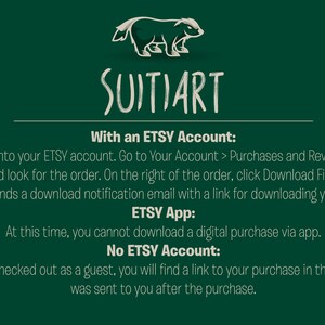 Puede incluir: Fondo verde con texto blanco que dice "SUITIART". Instrucciones sobre c&oacute;mo descargar compras digitales de Etsy, incluidas instrucciones para descargar con una cuenta de Etsy, la aplicaci&oacute;n Etsy y sin una cuenta de Etsy.