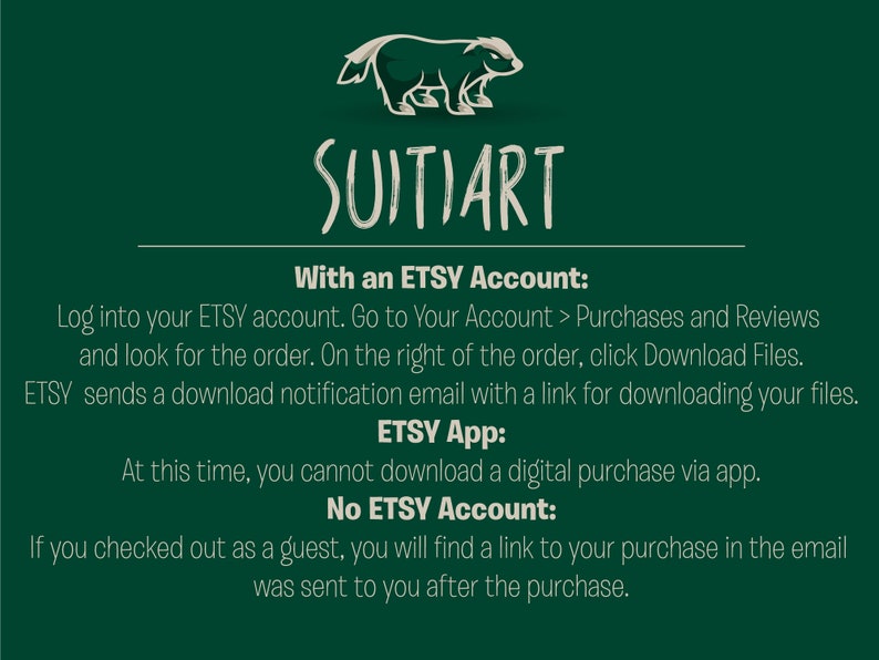 Puede incluir: Fondo verde con texto blanco que dice "SUITIART". Instrucciones sobre c&oacute;mo descargar compras digitales de Etsy, incluidas instrucciones para descargar con una cuenta de Etsy, la aplicaci&oacute;n Etsy y sin una cuenta de Etsy.