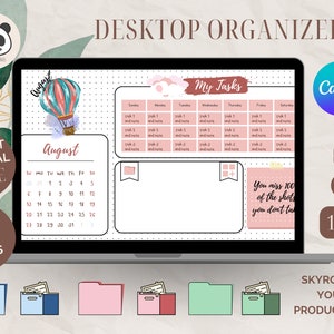 May include: A digital desktop organizer template with a hot air balloon graphic, a calendar for August, a to-do list, and a motivational quote. The template is designed in a bullet journal style with a pink and white color scheme.