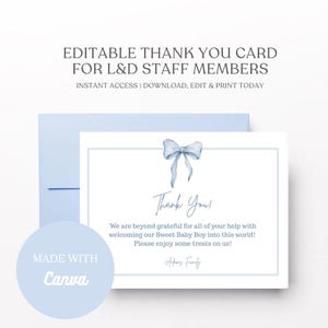 May include: A light blue baby shower thank you card with a watercolor bow illustration. The card includes the text "Thank You!" and a message of gratitude for welcoming a baby boy. The card is designed with Canva.