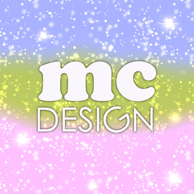 May include: A colorful background with a sparkly, glittery effect. The text "mc DESIGN" is in white letters on a light green background.