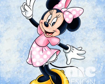 May include: A cartoon illustration of Minnie Mouse, a black mouse with a pink dress and bow, and white polka dots. She is wearing yellow shoes and white gloves, and is giving a peace sign with her left hand. The background is light blue.