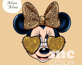 Leopard Minnie Mouse | Minnie Gold Glitter Glasses PNG | Minnie Mouse Sublimation design | minnie tshirt design
