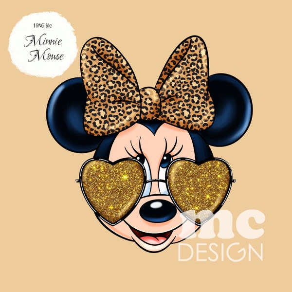 Leopard Minnie Mouse | Minnie Gold Glitter Glasses PNG | Minnie Mouse Sublimation design | minnie tshirt design