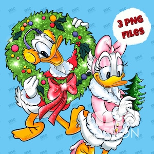 May include: Two cartoon ducks dressed in festive attire. One duck is holding a green sparkly Christmas wreath with a red bow. The other duck is holding a small green sparkly Christmas tree. The background is light blue.