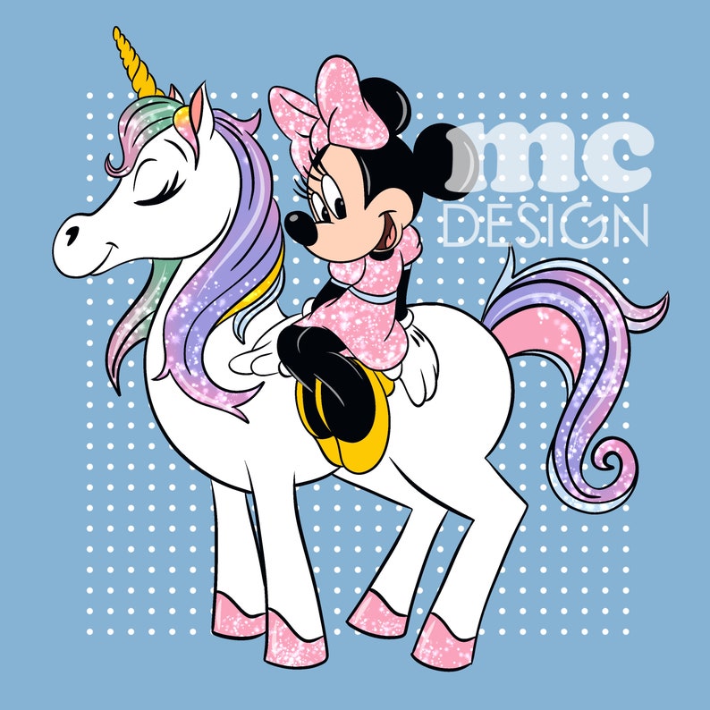 May include: A cartoon illustration of Minnie Mouse riding a white unicorn with a rainbow mane and horn. Minnie Mouse wears a pink dress and bow. The background is light blue with white polka dots. The text "mc DESIGN" is in the upper right corner.