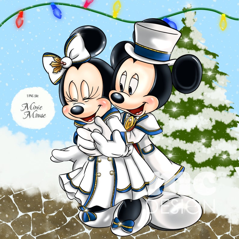 May include: Minnie Mouse and Mickey Mouse in winter holiday attire. Minnie is wearing a white dress with blue trim and a red bow. Mickey is wearing a blue and white coat with a white top hat. They are standing in front of a snowy Christmas tree with lights.