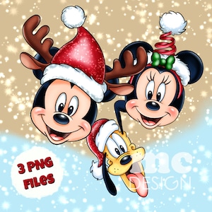 May include: Mickey Mouse, Minnie Mouse, and Pluto wearing Santa hats. Mickey has reindeer antlers. Minnie has a red and green bow and a spring on her hat. Pluto has a red Santa hat. The background is a light brown with white sparkles.
