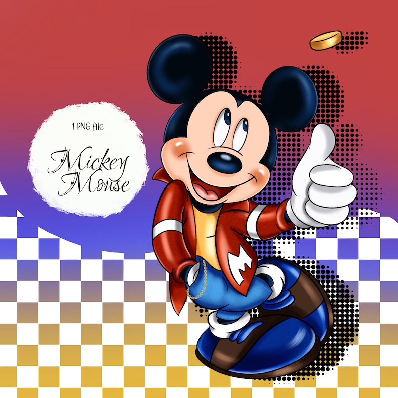 K&ouml;nnte beinhalten: Mickey Mouse tr&auml;gt eine rote Jacke, blaue Jeans und eine goldene Kette. Er zeigt den Daumen nach oben und hat einen gl&uuml;cklichen Gesichtsausdruck. Der Hintergrund ist ein kariertes Muster mit einem roten und blauen Farbverlauf.