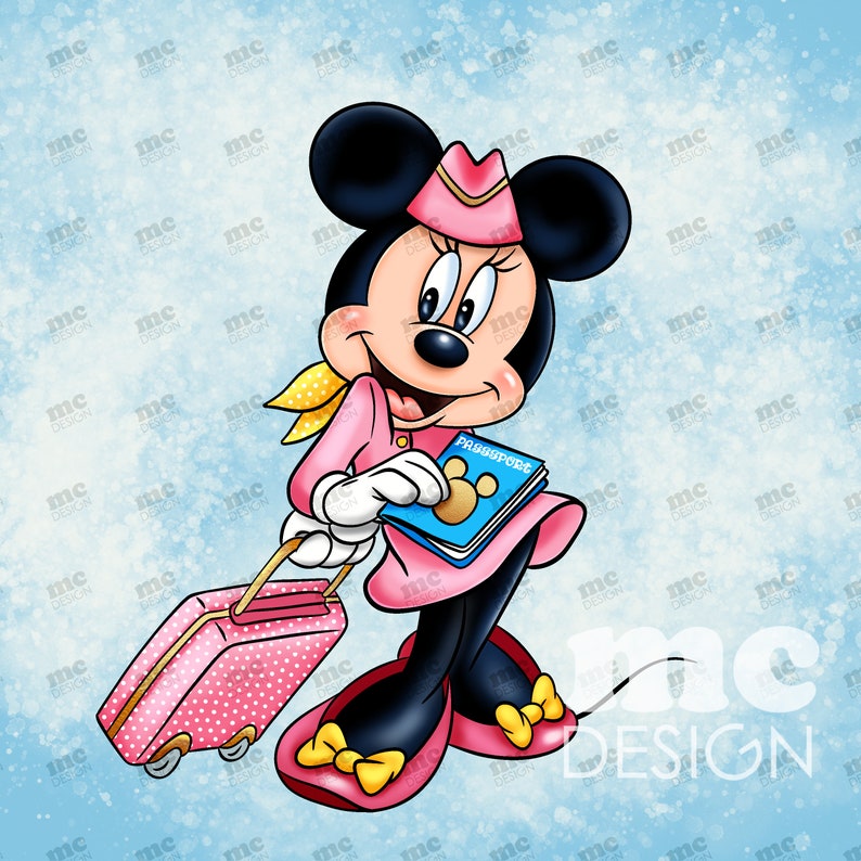 May include: A cartoon illustration of Minnie Mouse dressed as a flight attendant. She is holding a pink suitcase and a blue passport with a Mickey Mouse head on the cover. The background is a light blue with a white sparkle effect.