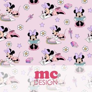 May include: A pink and white seamless pattern featuring a cartoon mouse character with a bow. The mouse is depicted in various activities, including reading a book, drawing, and playing with a rainbow. The pattern also includes stars, flowers, and other decorative elements.