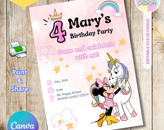 Plantilla de invitación de Minnie Mouse | Invitación de cumpleaños editable con dibujos animados | Invitación para fiesta | Descarga instantánea