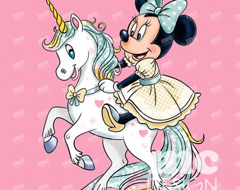 May include: A cartoon illustration of Minnie Mouse riding a white unicorn with a yellow horn and rainbow mane. Minnie Mouse wears a yellow dress and a blue bow. The background is pink.