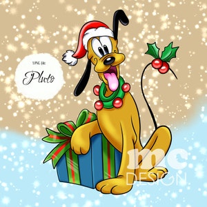 Può includere: Un'immagine di cartone animato di Pluto il cane che indossa un cappello di Babbo Natale e una ghirlanda verde e rossa. Sta tenendo una scatola regalo blu e verde avvolta da un nastro rosso. Lo sfondo è marrone chiaro con fiocchi di neve bianchi.