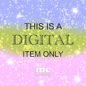 K&ouml;nnte beinhalten: Eine digitale Produktgrafik mit einem funkelnden Hintergrund in den Farben Rosa, Gelb und Blau. Der Text lautet "Dies ist ein digitaler Artikel, nur zum Download" mit den Buchstaben "mc" in einem Kreis unter dem Text.