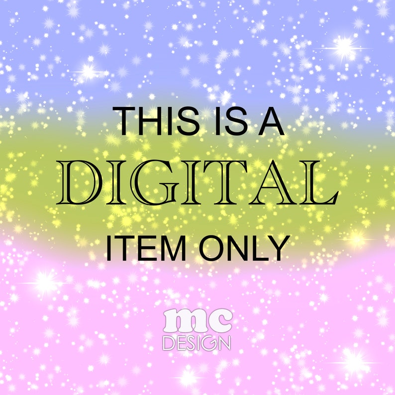 K&ouml;nnte beinhalten: Eine digitale Produktgrafik mit einem funkelnden Hintergrund in den Farben Rosa, Gelb und Blau. Der Text lautet "Dies ist ein digitaler Artikel, nur zum Download" mit den Buchstaben "mc" in einem Kreis unter dem Text.
