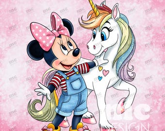 May include: A cartoon illustration featuring Minnie Mouse in overalls and a unicorn. Minnie Mouse is wearing a red and white striped shirt, blue overalls, and yellow shoes. The unicorn has a rainbow mane and tail, and a golden horn. The background is pink.