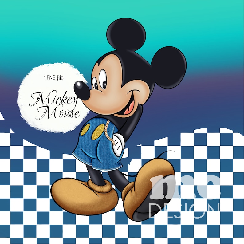 May include: Mickey Mouse cartoon character wearing blue denim overalls with gold accents, standing on a checkered background.  1 PNG file. Mickey Mouse.