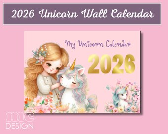 Calendario de pared de unicornios 2026 | Calendario imprimible de unicornios | Diseños de unicornios de alta calidad | Impresiones digitales | Para amantes de los unicornios | Regalo de Navidad