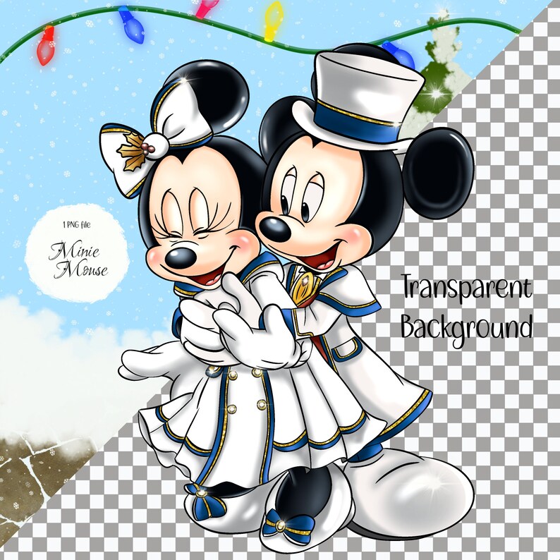 May include: Minnie Mouse and Mickey Mouse in winter outfits. Minnie is wearing a white dress with blue and gold trim and a white bow. Mickey is wearing a blue and white coat with gold trim and a white top hat. They are both smiling and looking at each other.