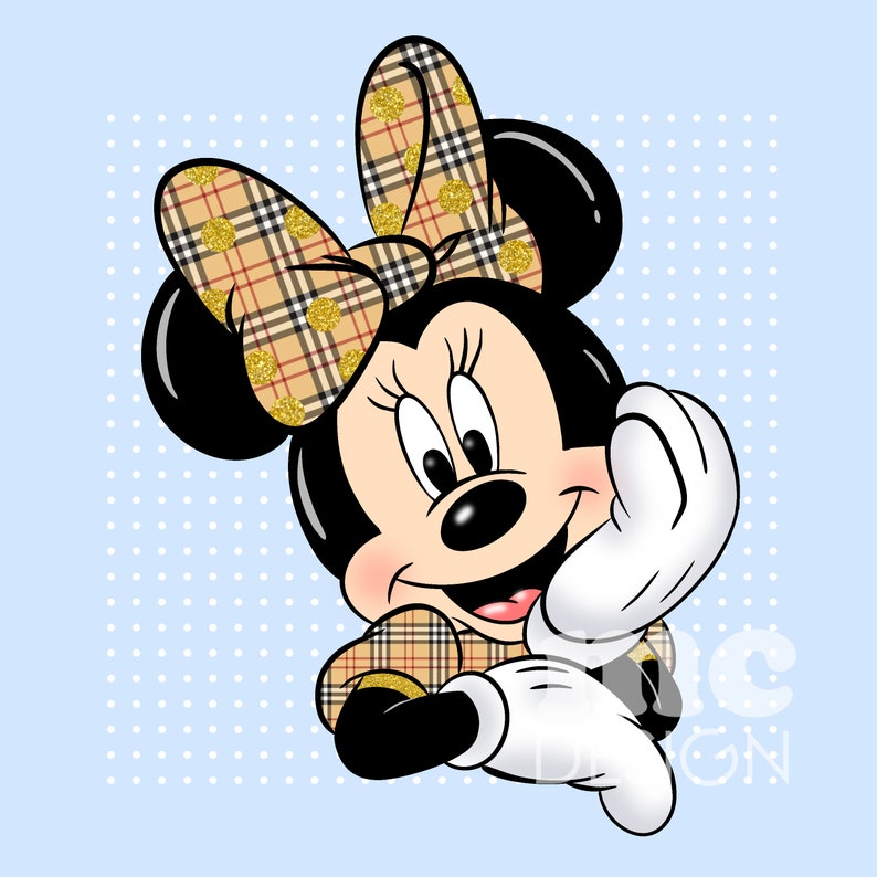 May include: A cartoon illustration of Minnie Mouse with a plaid bow and gold glitter. She is wearing a plaid dress and has a big smile.
