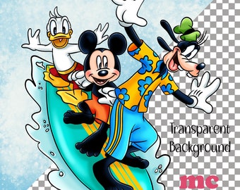 Archivo PNG de Mickey Mouse y amigos | Mickey surfeando | Diseño de sublimación de Mickey | Diseño de camiseta de Mickey Mouse | Descarga instantánea